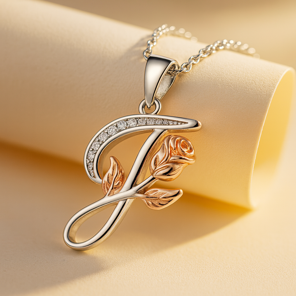 Initial Alphabet Rose Pendant Necklace