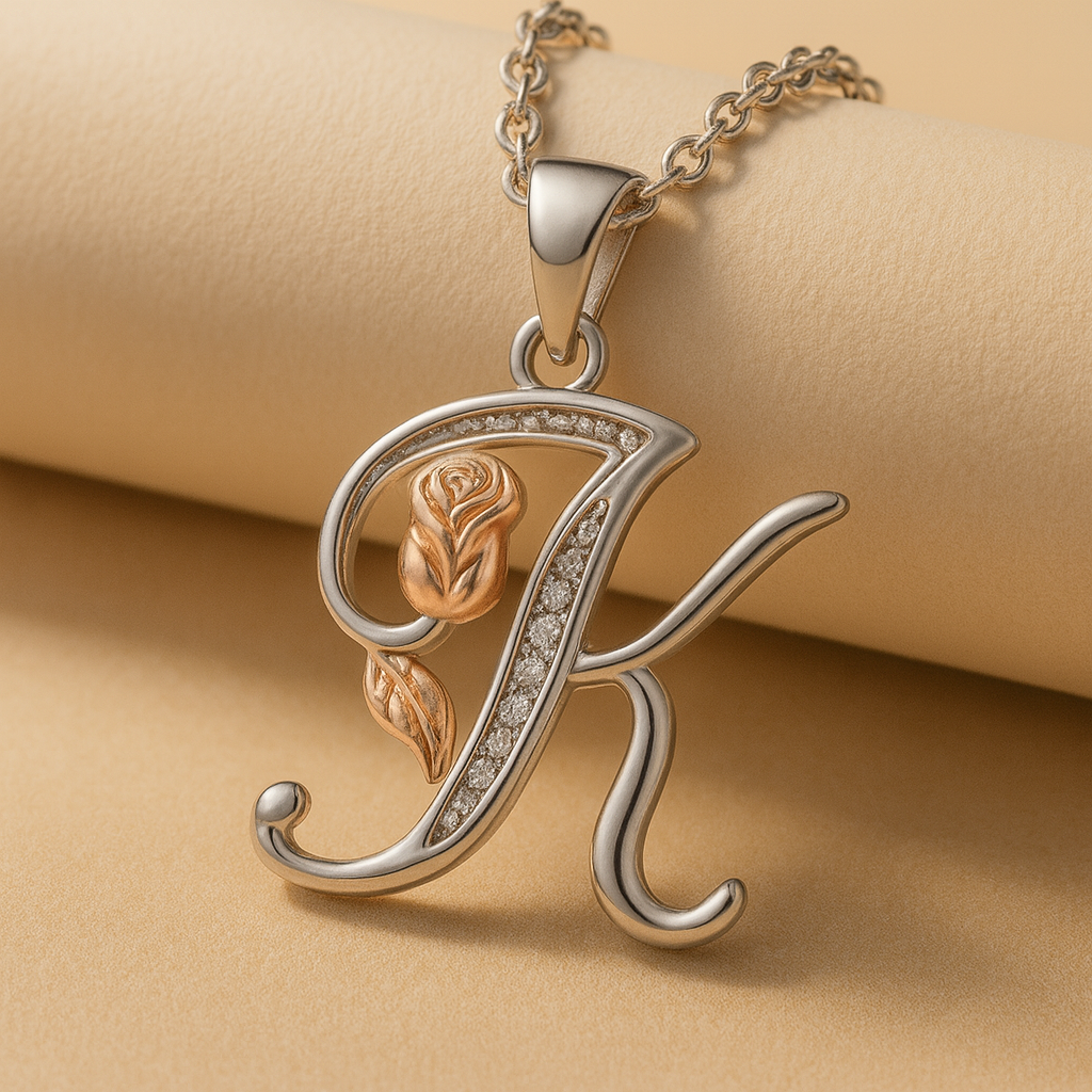 Initial Alphabet Rose Pendant Necklace