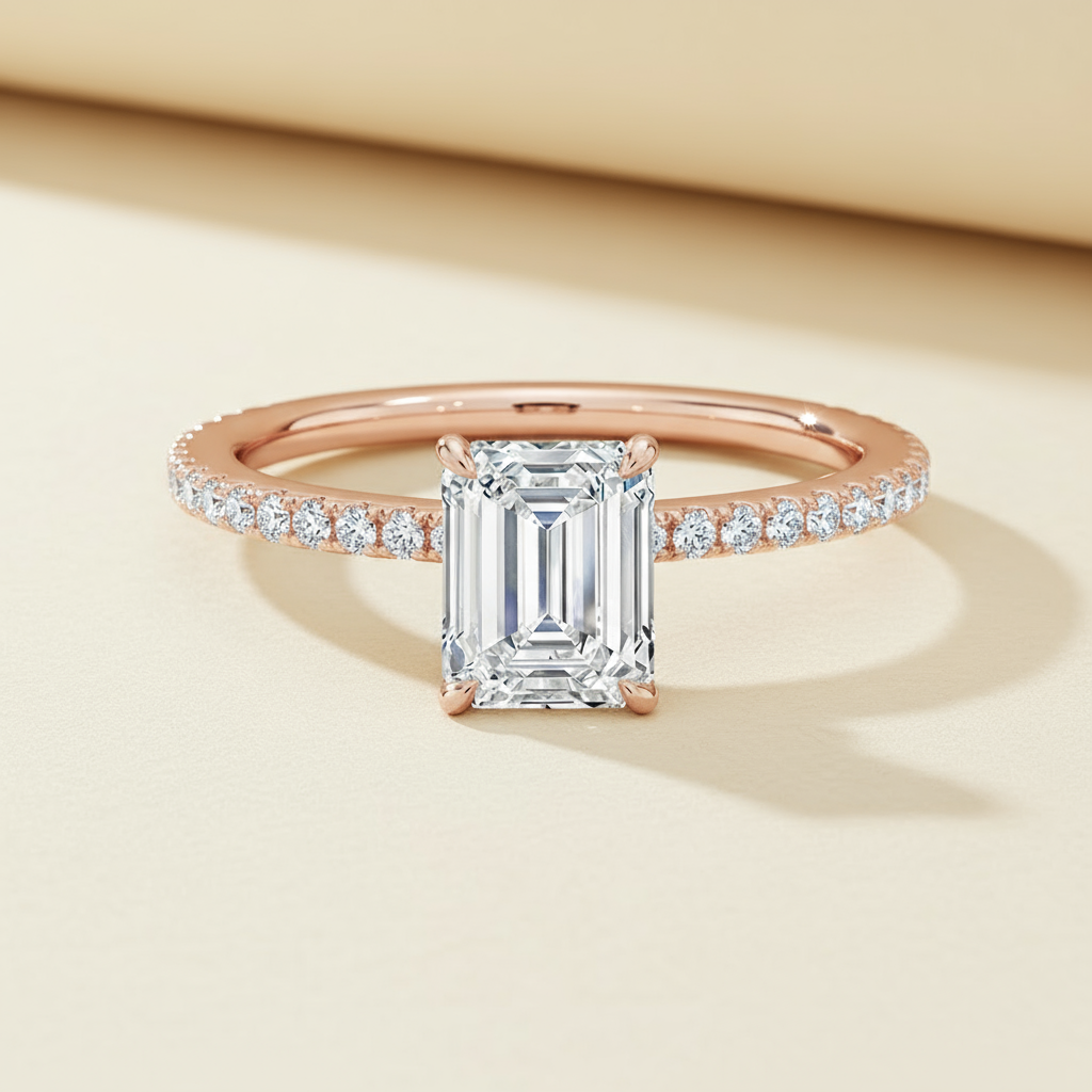 Emerald Secret Halo Moissanite Diamond Ring