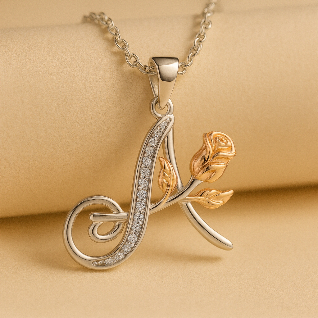 Initial Alphabet Rose Pendant Necklace