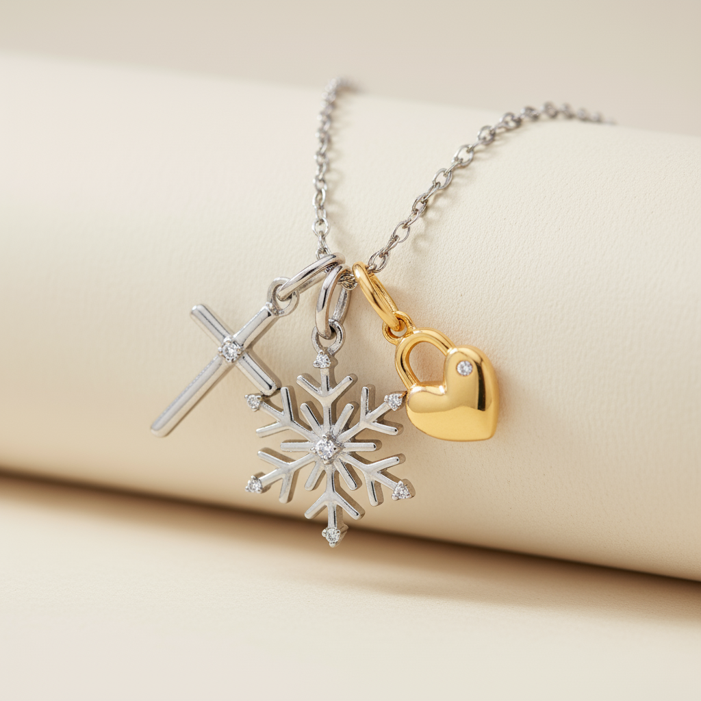 Cross, Snowflake and Heart Lock Charms Pendant Necklace
