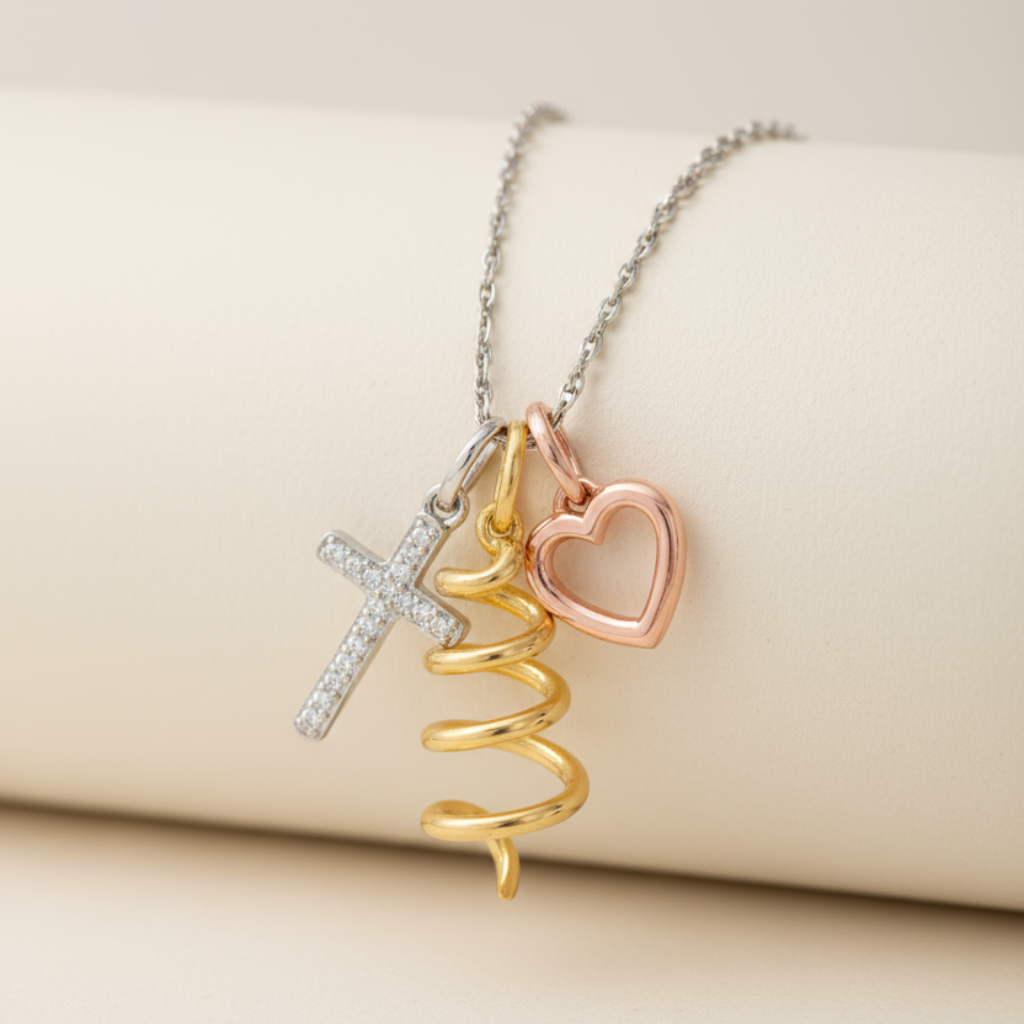 Cross, Tree and Heart Outline Charms Pendant Necklace