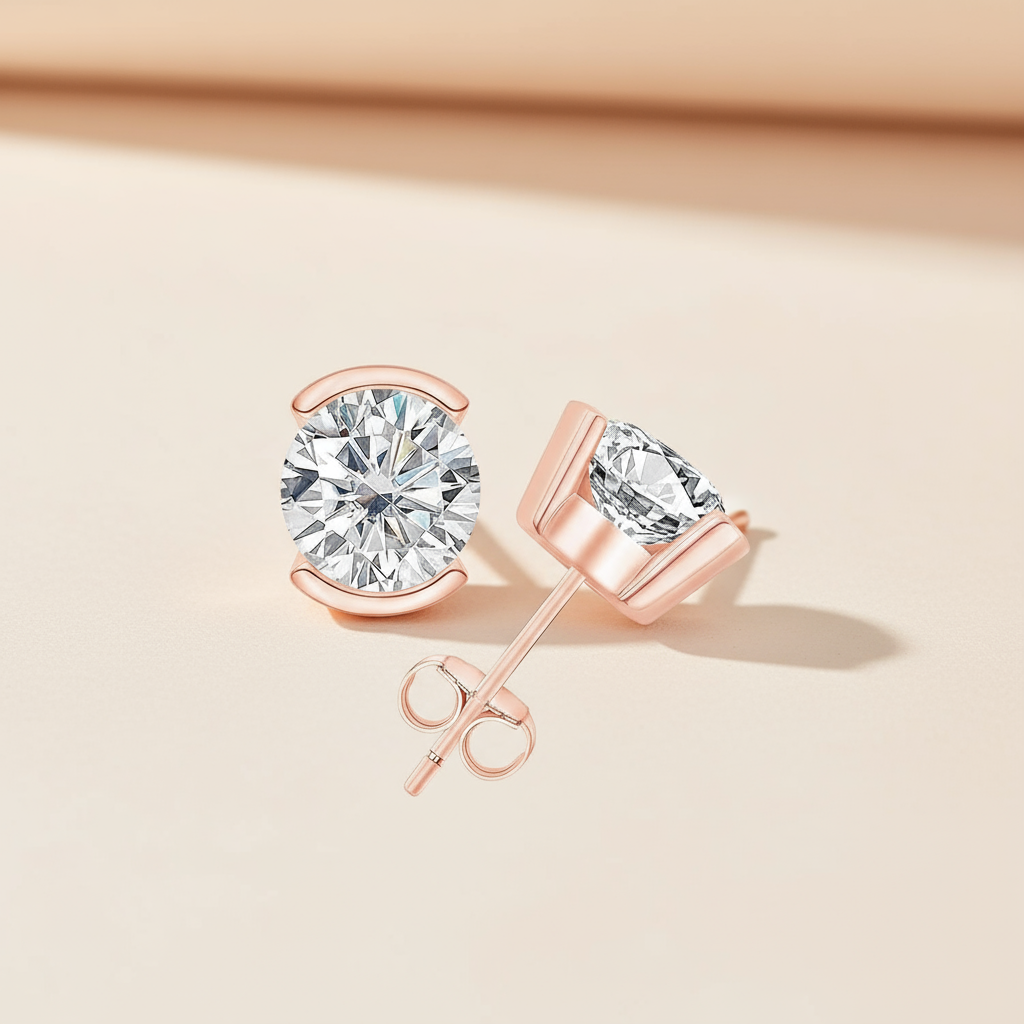 Round Half Bezel Moissanite Diamond Solitaire Stud