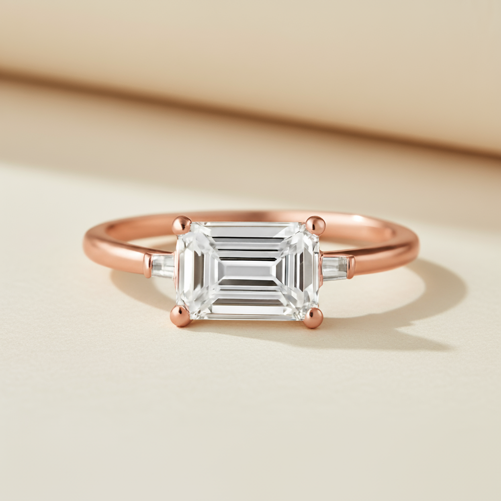 Emerald Three Stone Moissanite Diamond Ring