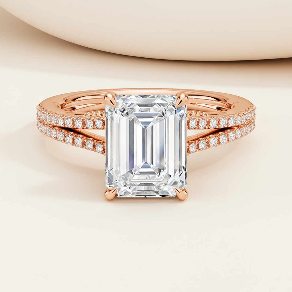 Emerald Moissanite Diamond Split Shank Ring