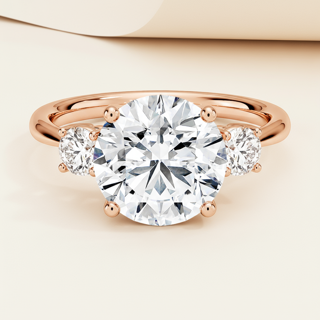 Round Three Stone Moissanite Diamond Engagement Ring