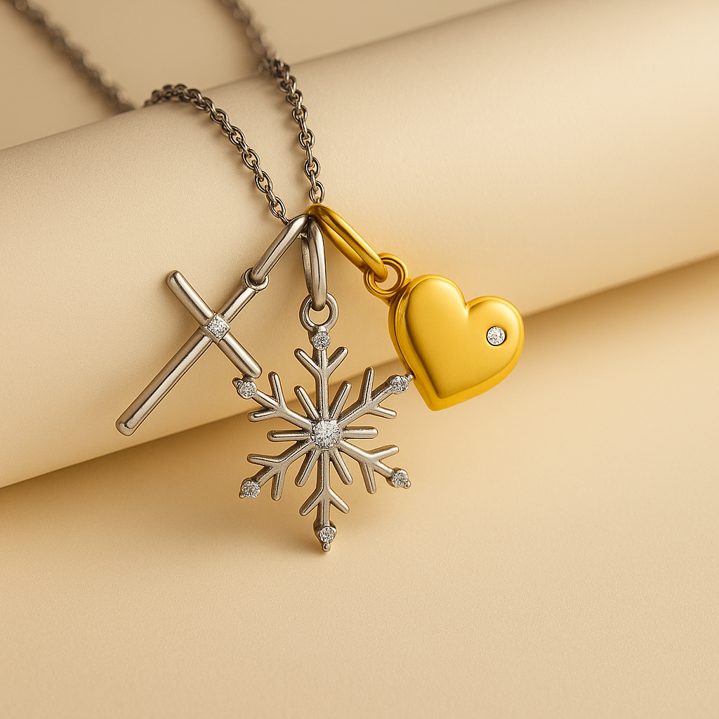 Cross, Snowflake and Heart Lock Charms Pendant Necklace