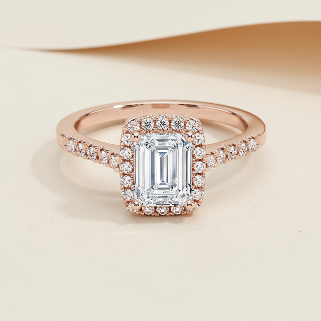 Emerald Cut Halo Moissanite Diamond Ring