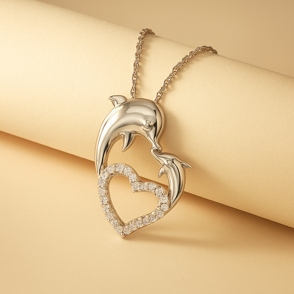 Mother Love Dolphin Heart Pendant Necklace