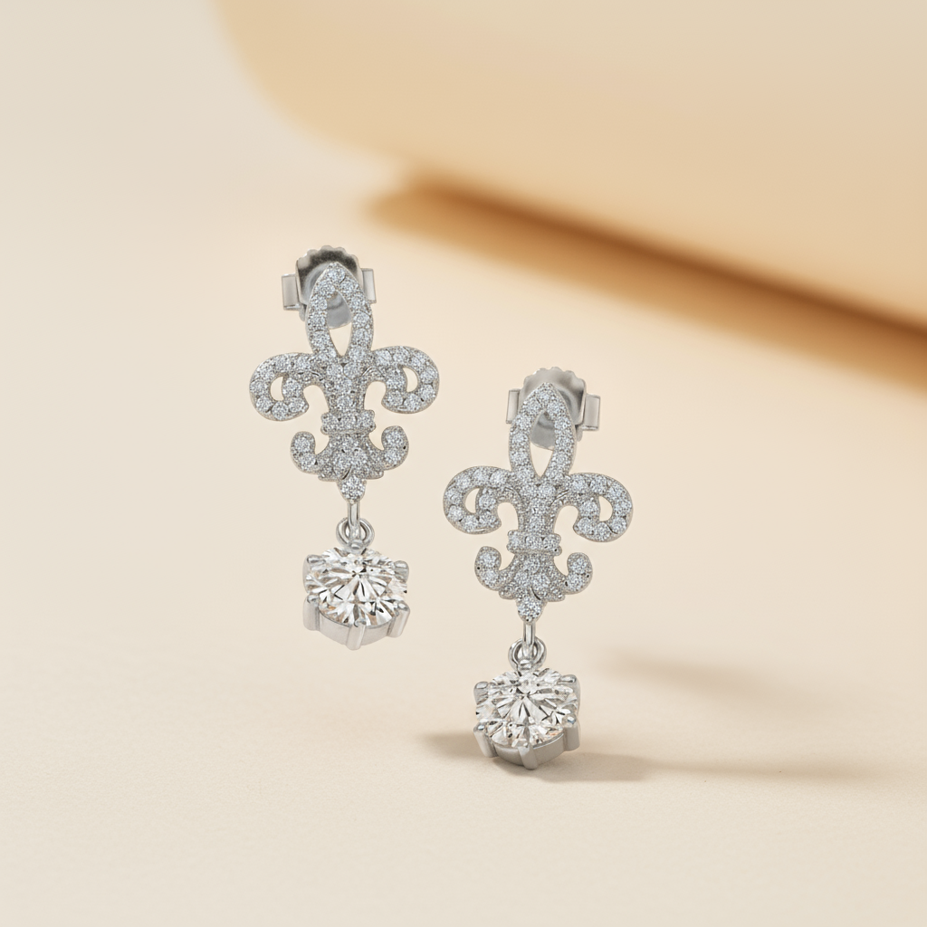 Moissanite Diamond Fleur De Lis Dangle Earrings