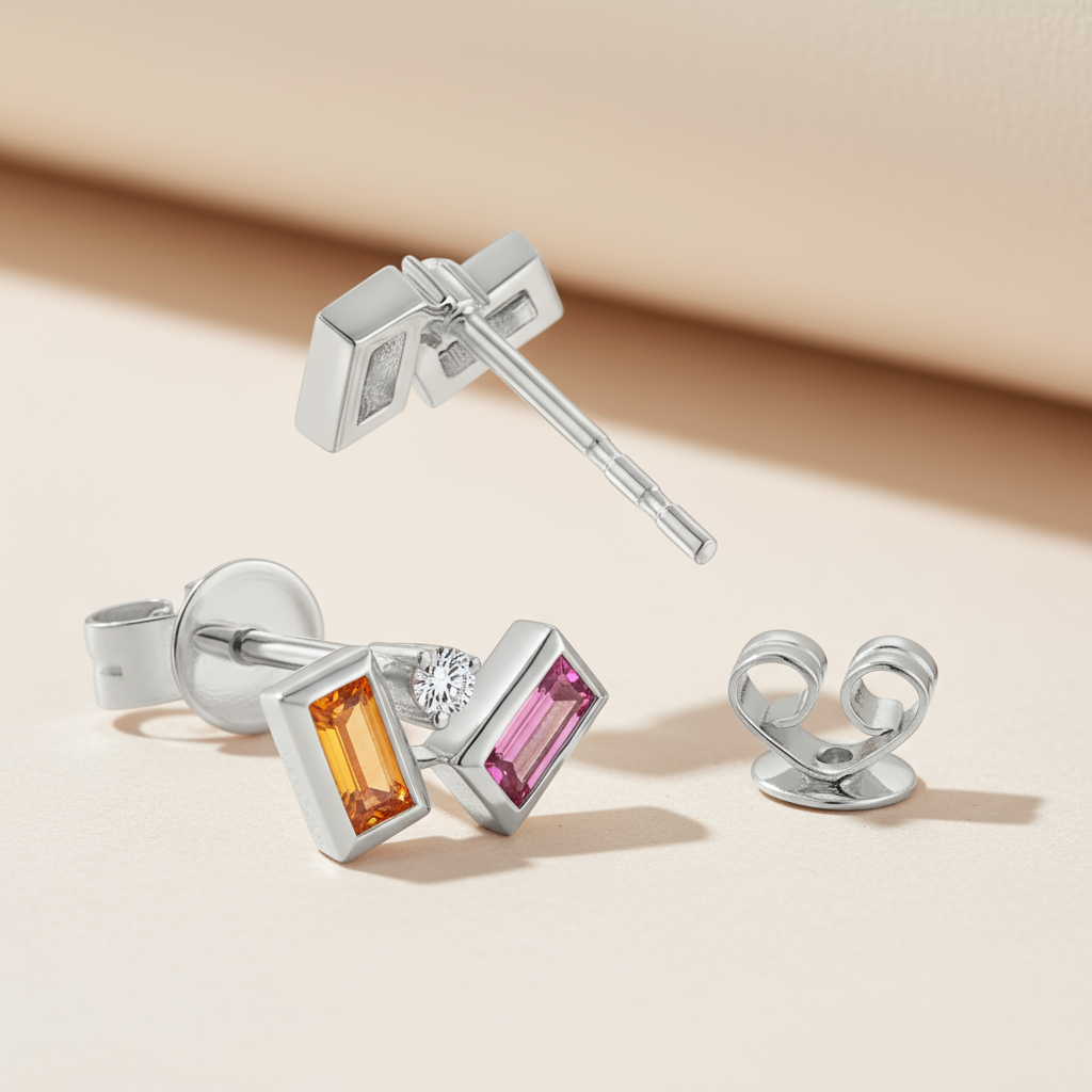 Baguette Simulated Amethyst Citrine Moissanite Gemstone Stud