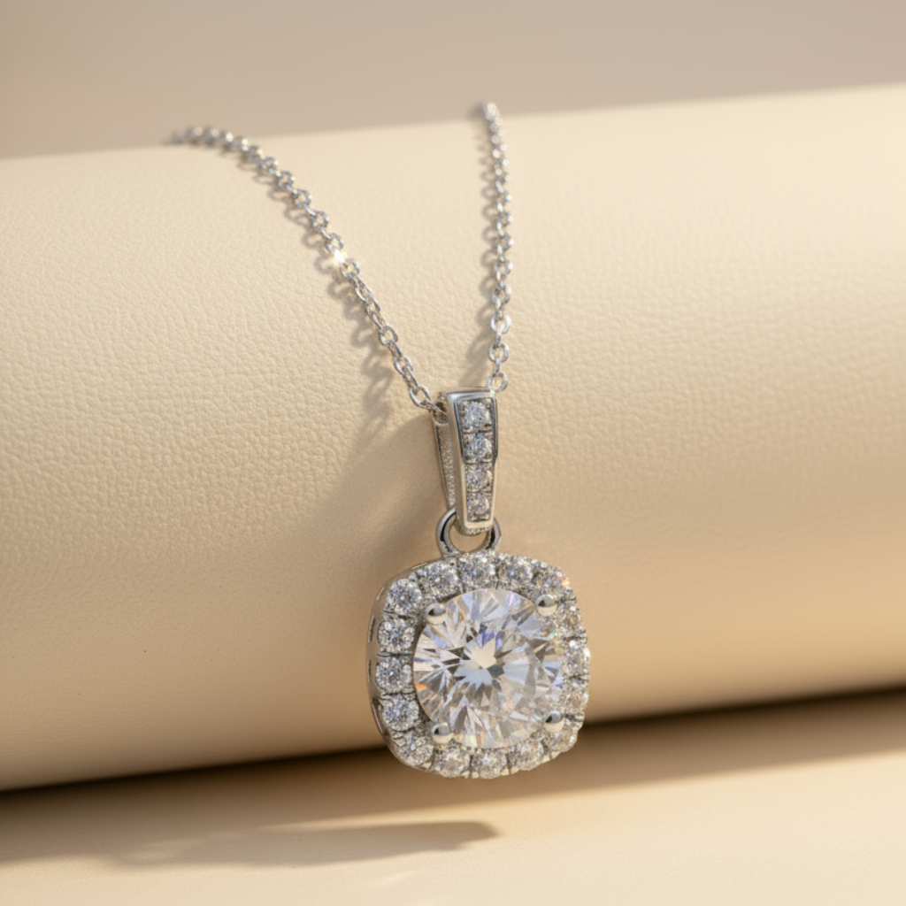 Square Halo Pendant Necklace