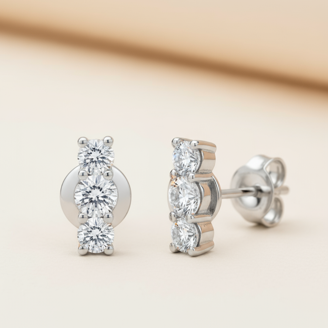 Three Stone Moissanite Diamond Bar Stud