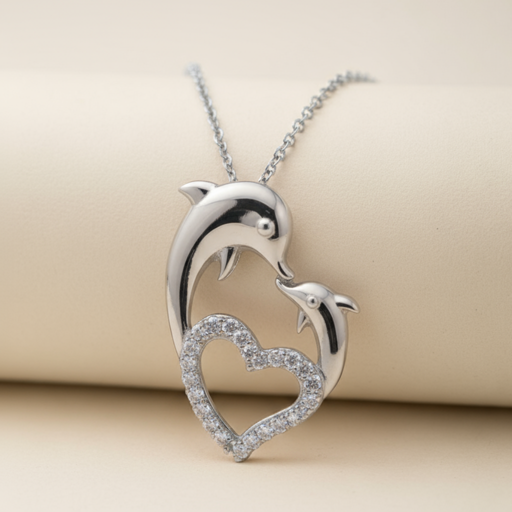 Mother Love Dolphin Heart Pendant Necklace