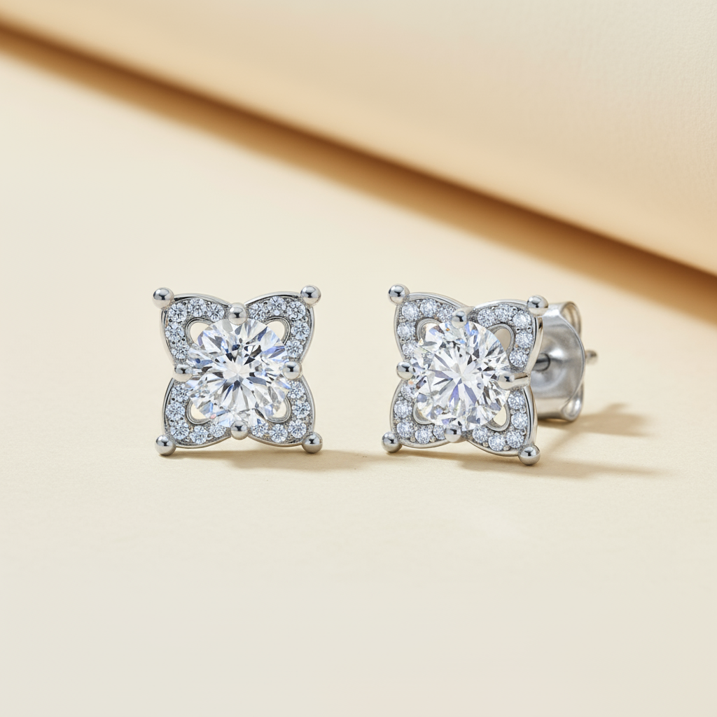 Moissanite Diamond Flower Stud