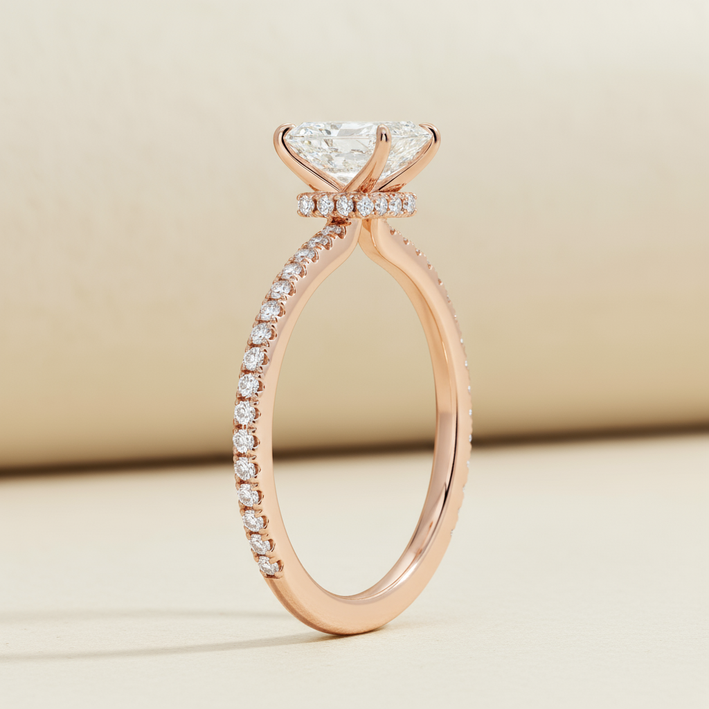 Emerald Secret Halo Moissanite Diamond Ring