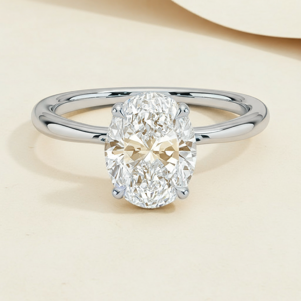 Oval Secret Halo Moissanite Diamond Ring