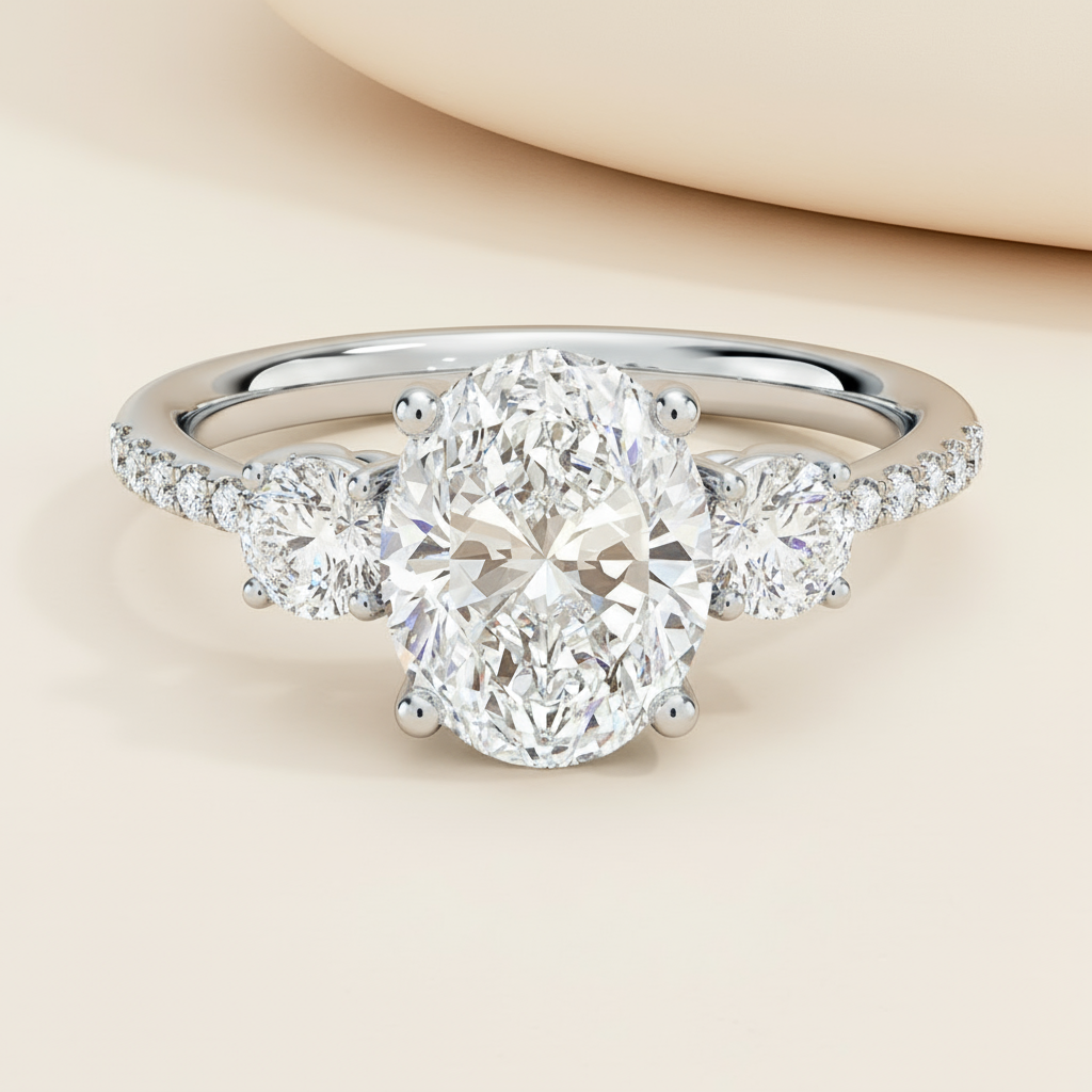 Oval Three Stone Moissanite Diamond Engagement Ring