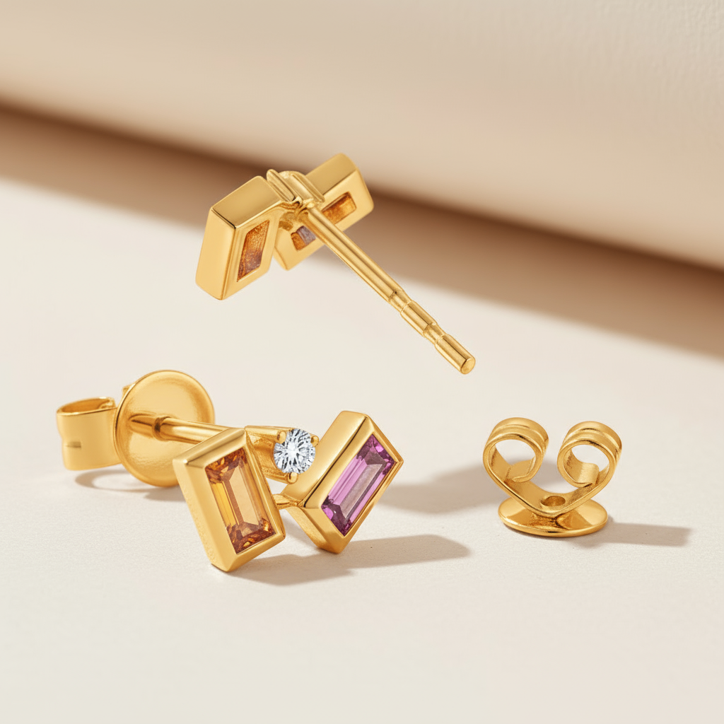 Baguette Simulated Amethyst Citrine Moissanite Gemstone Stud