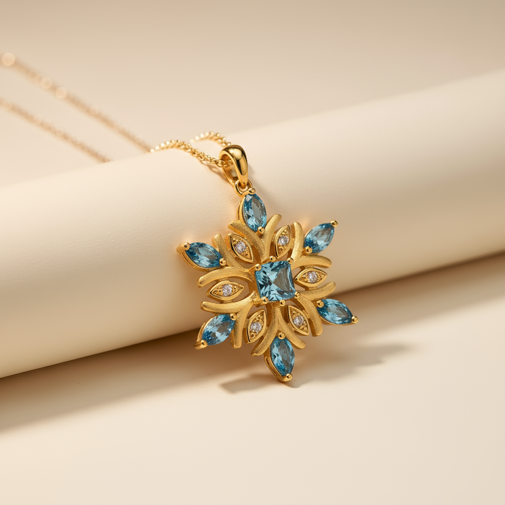 Aquamarine Snowflake Pendant Necklace