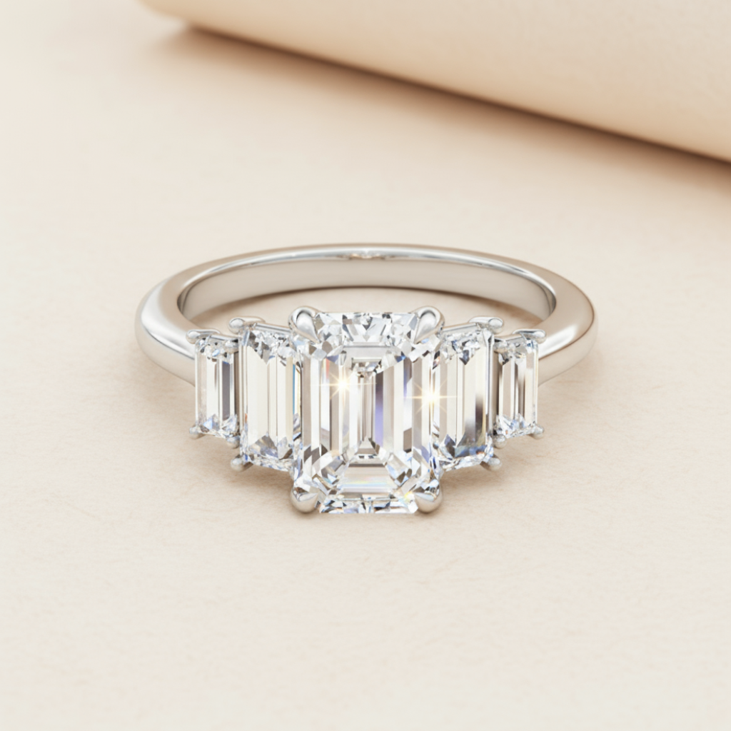 Emerald Five Stone Moissanite Diamond Ring