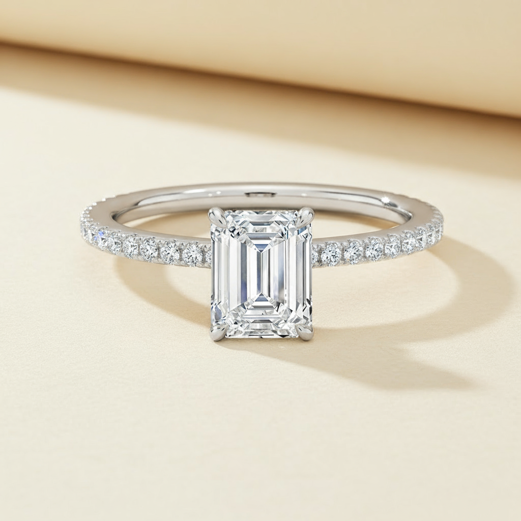 Emerald Secret Halo Moissanite Diamond Ring