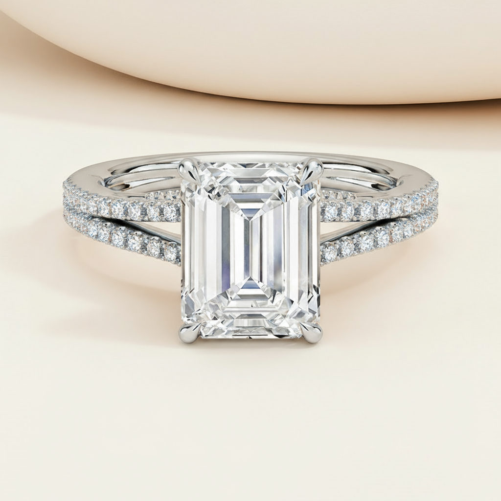 Emerald Moissanite Diamond Split Shank Ring