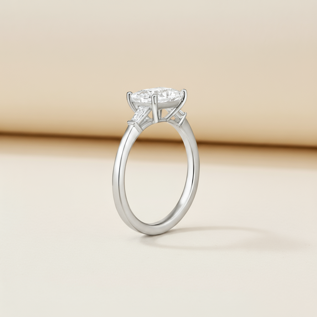 Emerald Three Stone Moissanite Diamond Ring