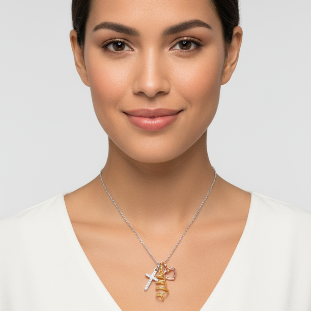 Cross, Tree and Heart Outline Charms Pendant Necklace
