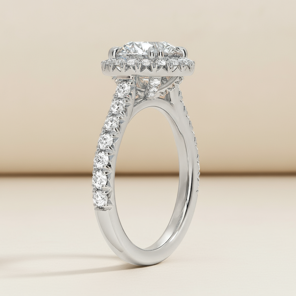 Round Halo Half Moissanite Diamond Ring