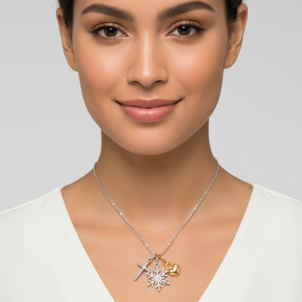Cross, Snowflake and Heart Lock Charms Pendant Necklace
