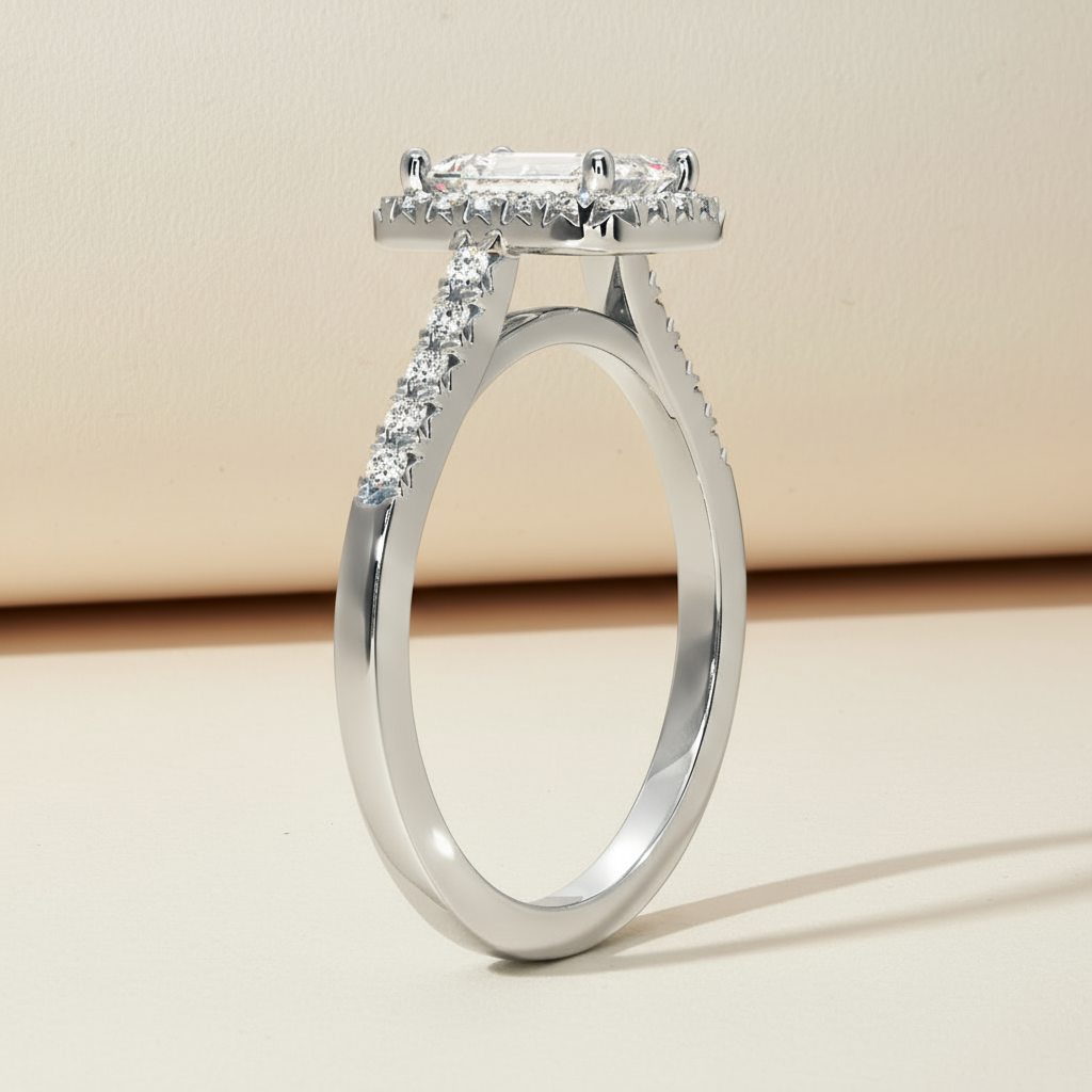 Emerald Cut Halo Moissanite Diamond Ring