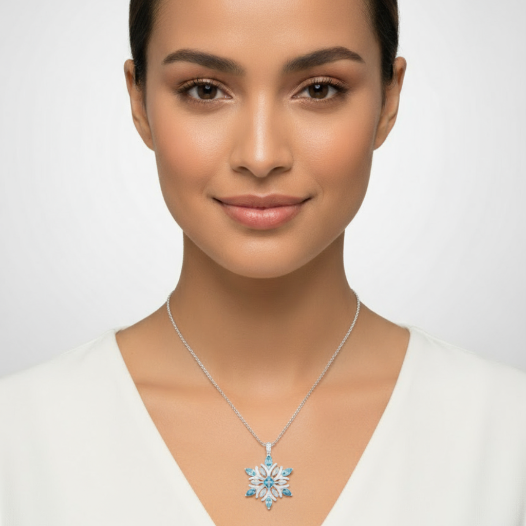 Aquamarine Snowflake Pendant Necklace