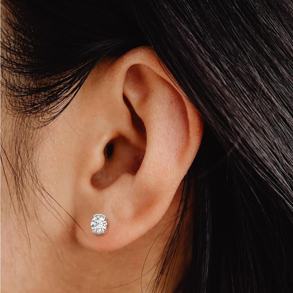 Round Half Bezel Moissanite Diamond Solitaire Stud