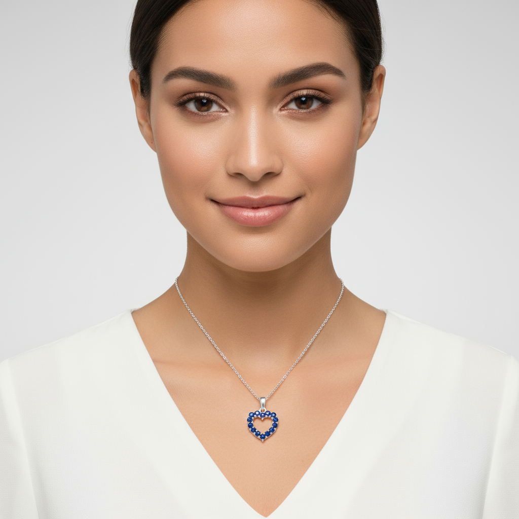 Blue Sapphire Heart Outline Drop Pendant Necklace