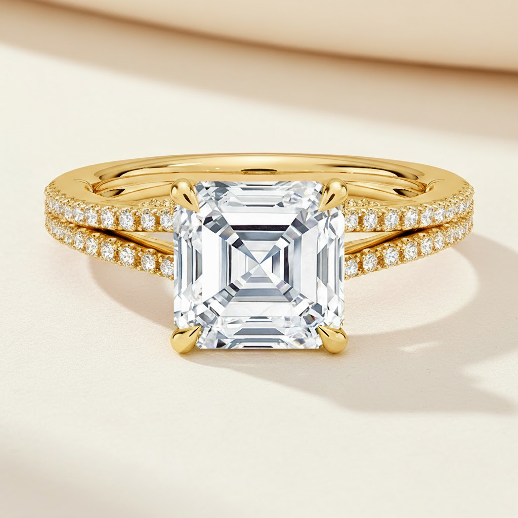 Asscher Moissanite Diamond Split Shank Ring