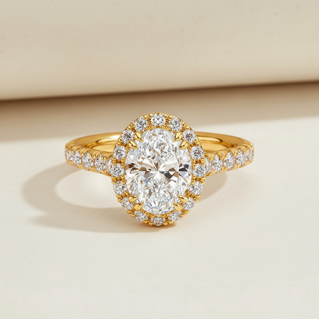 Oval Halo Half Moissanite Diamond Ring