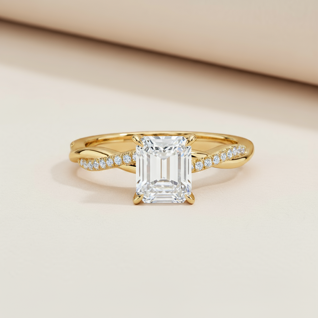 Emerald Twisted Moissanite Diamond Ring