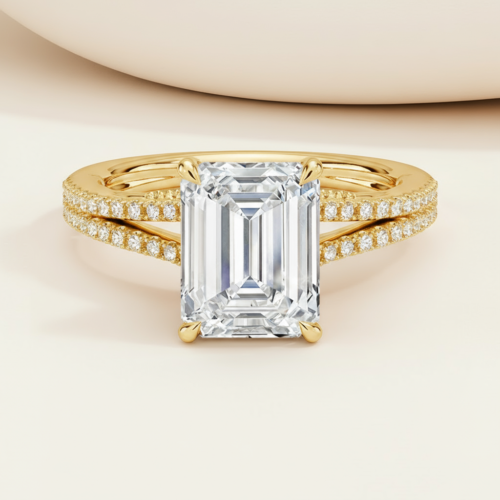 Emerald Moissanite Diamond Split Shank Ring