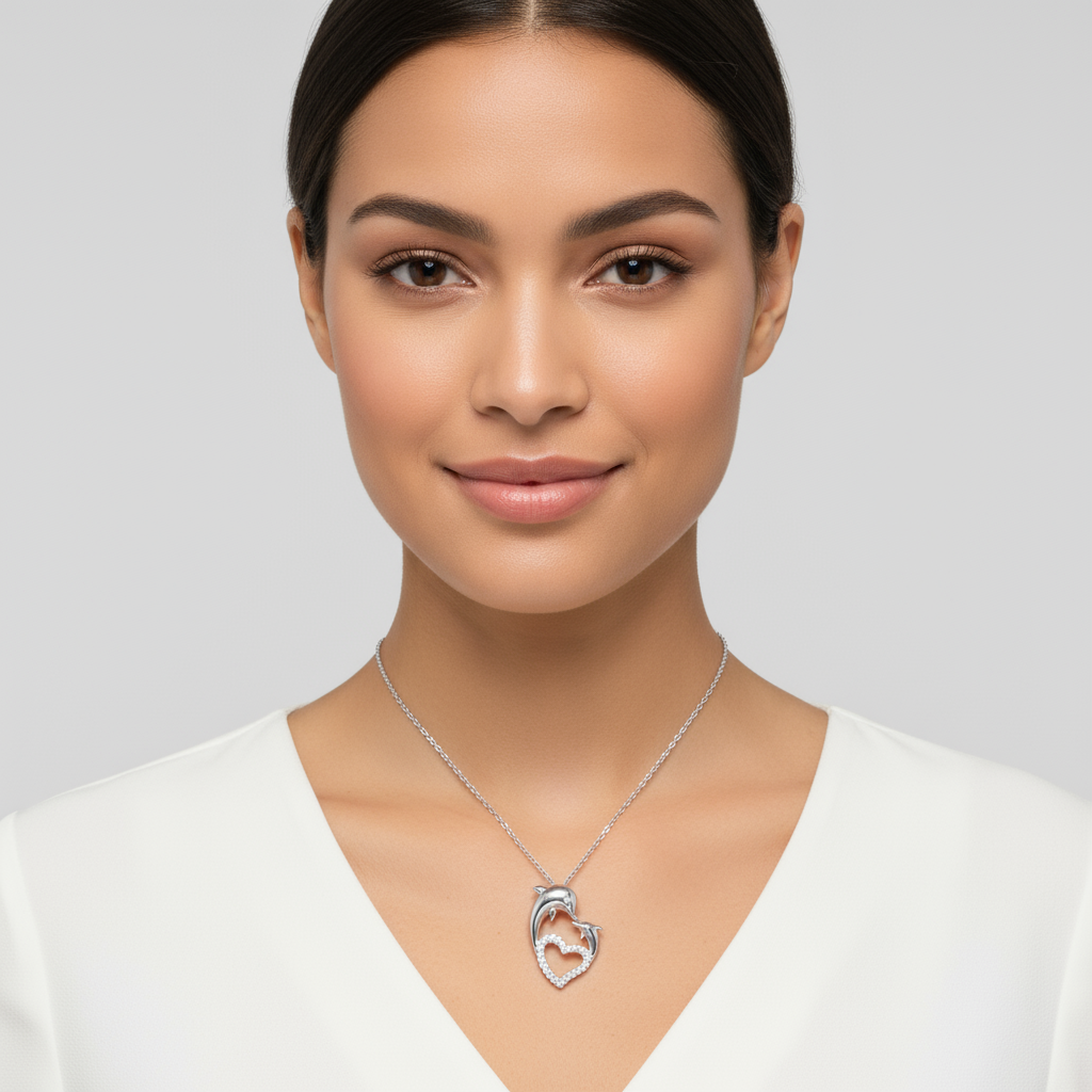 Mother Love Dolphin Heart Pendant Necklace