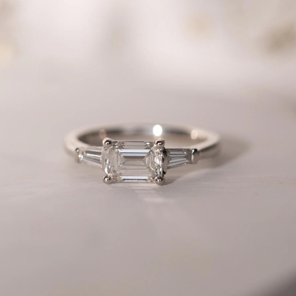 Emerald Three Stone Moissanite Diamond Ring