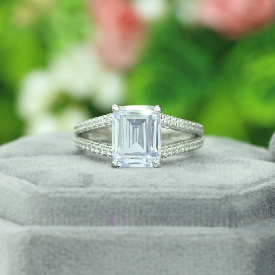 Emerald Moissanite Diamond Split Shank Ring