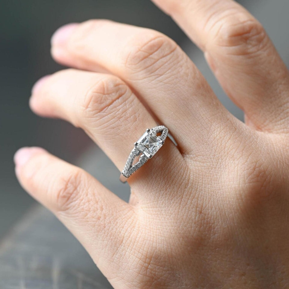 Asscher Moissanite Diamond Split Shank Ring