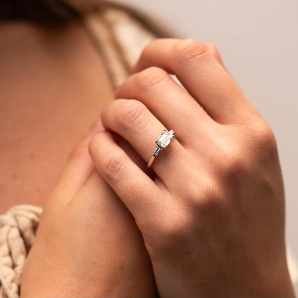 Baguette and Emerald Moissanite Three Stone Ring