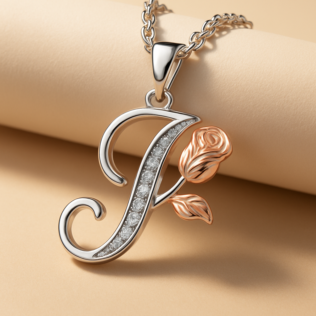 Initial Alphabet Rose Pendant Necklace