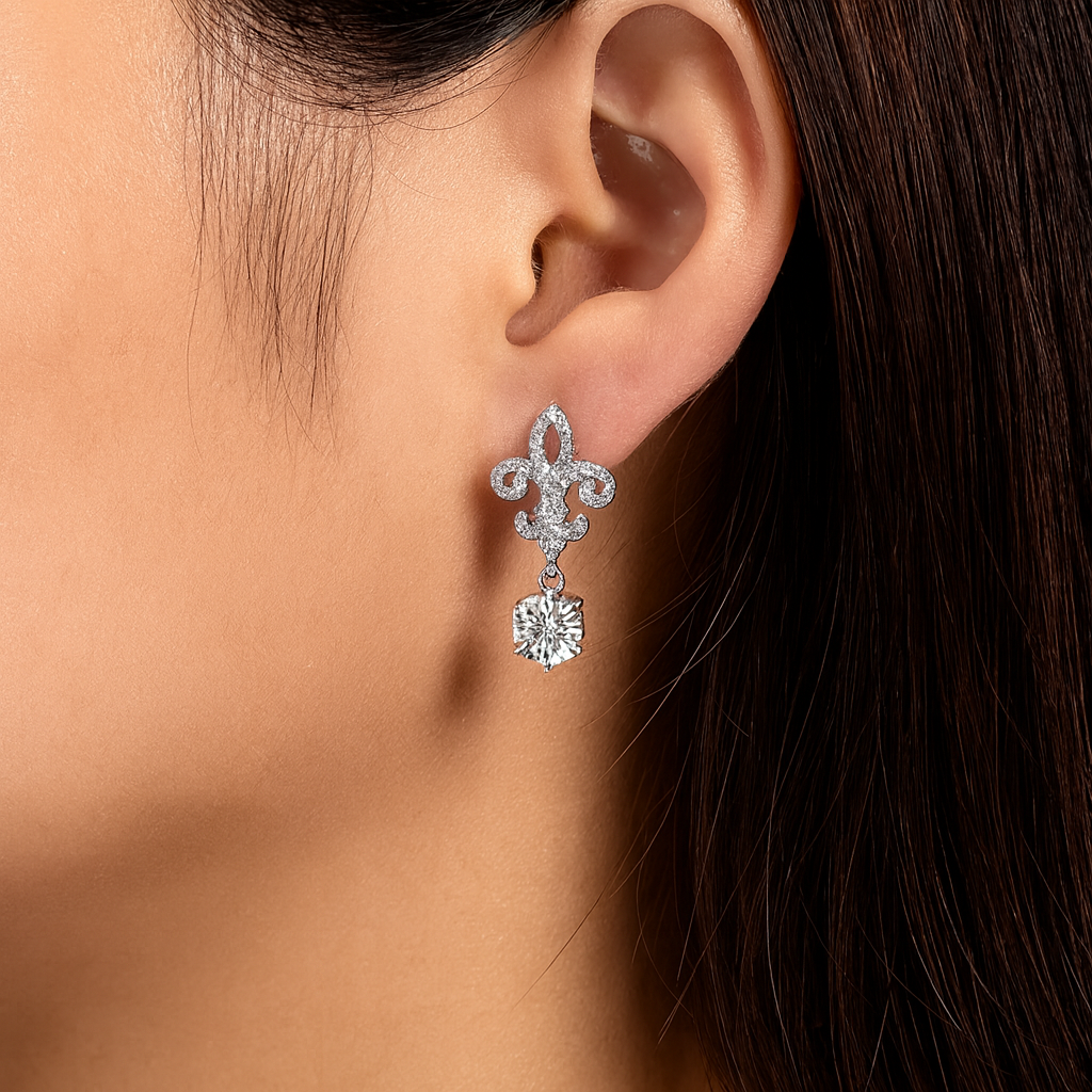 Moissanite Fleur De Lis Dangle Earrings